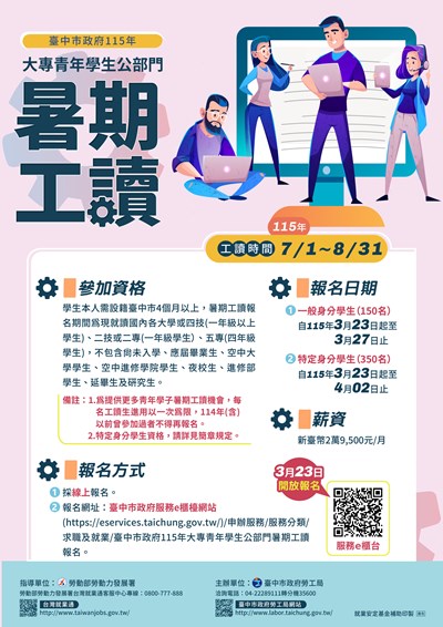 115年臺中市大專青年學生公部門暑期工讀海報